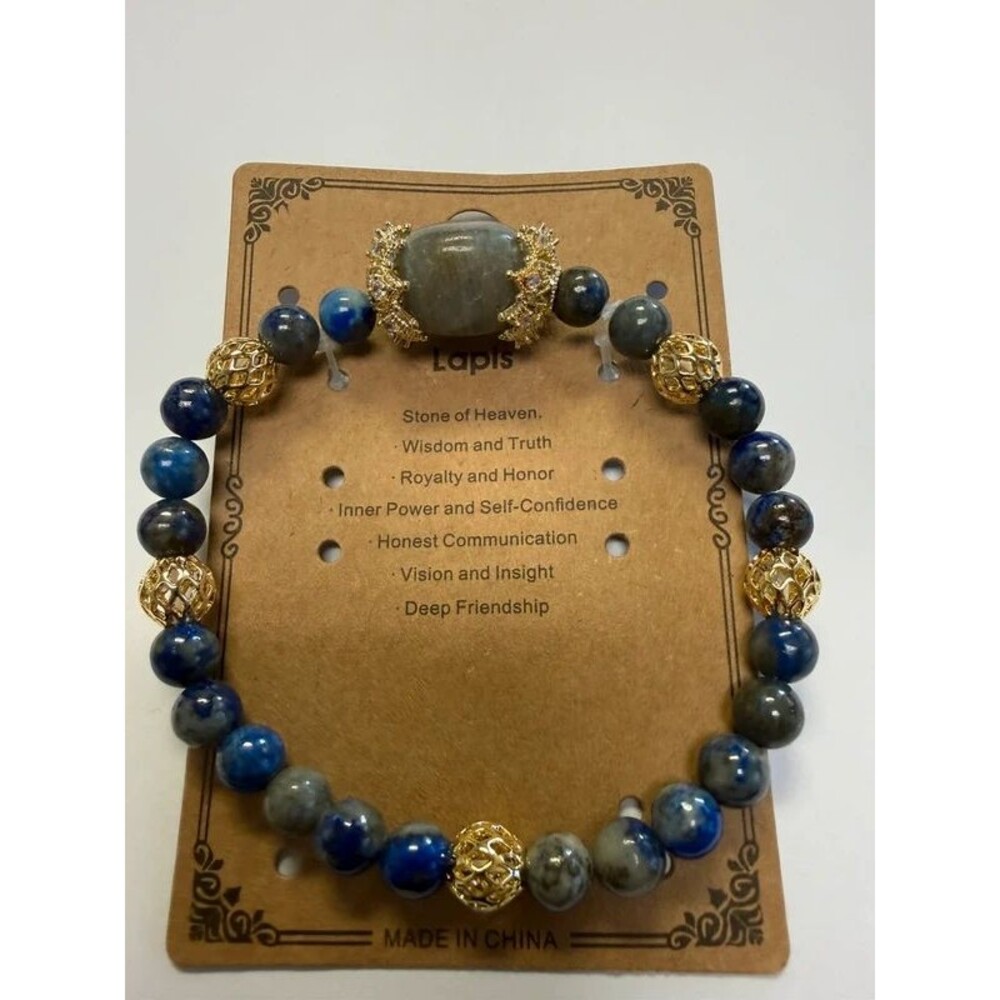 Lapis Gemstone Stretch Bracelet 18K Gold Plated Accents